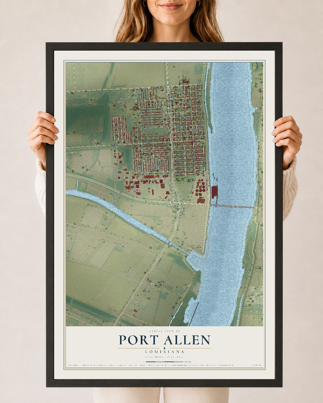 Map of Port Allen, Louisiana, 24 x 36 inch print in a black wood frame