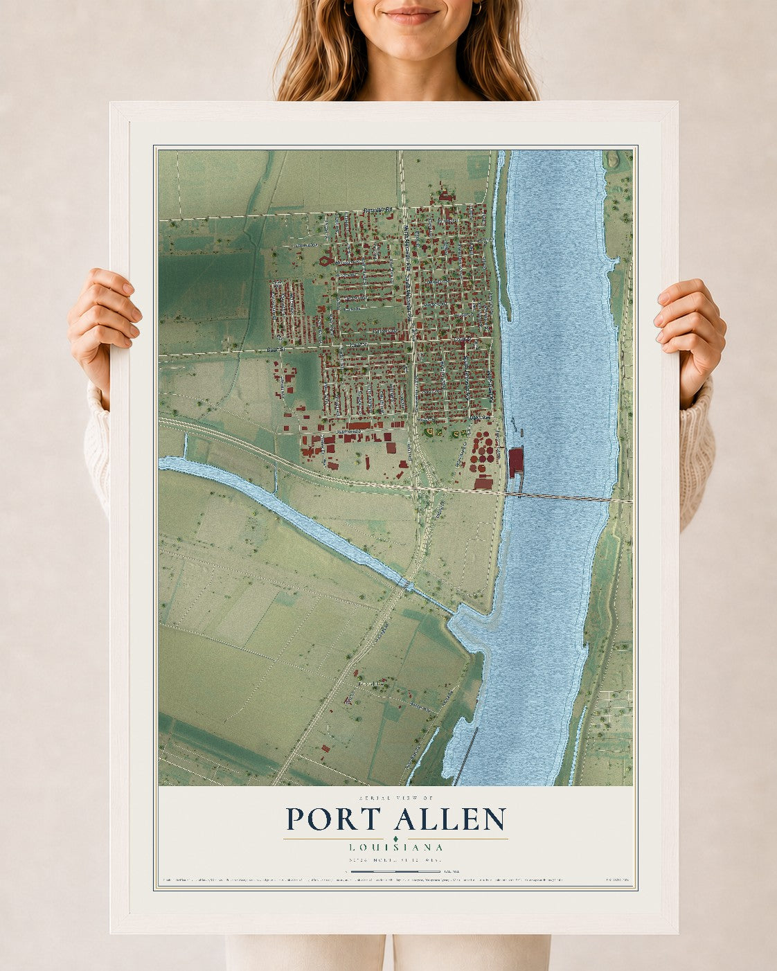 Map of Port Allen, Louisiana, 24 x 36 inch print in a white wood frame