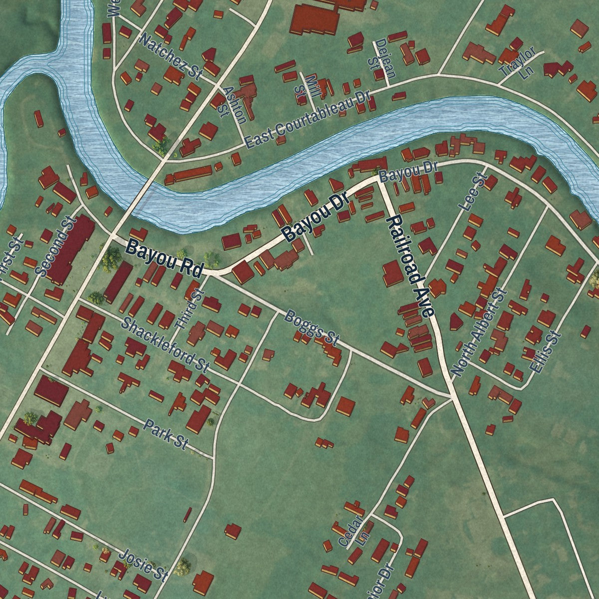 Close-up of the map of Port Barre, Louisiana print showing street and building detail