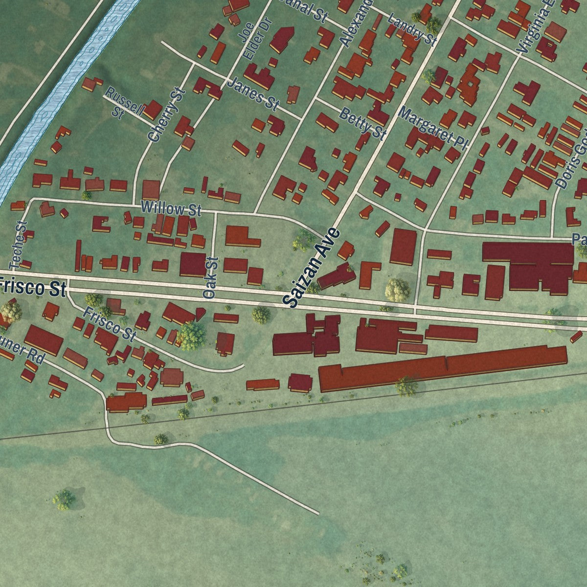 Second close-up of the map of Port Barre, Louisiana print showing more streets and buildings