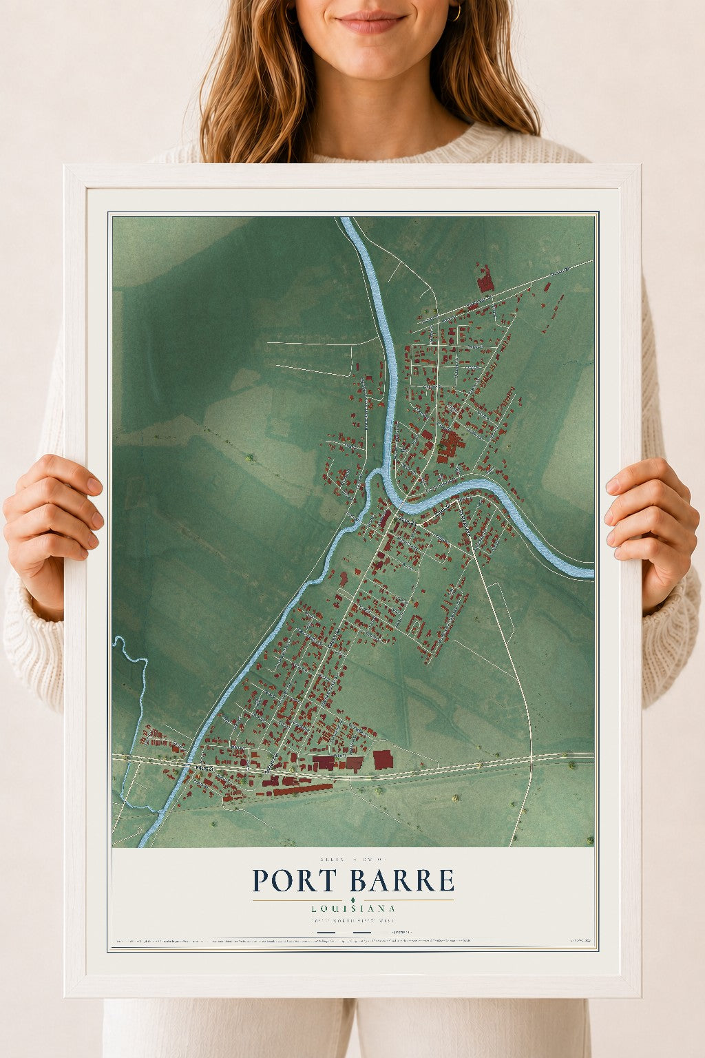 Map of Port Barre, Louisiana, 18 x 24 inch print in a white wood frame