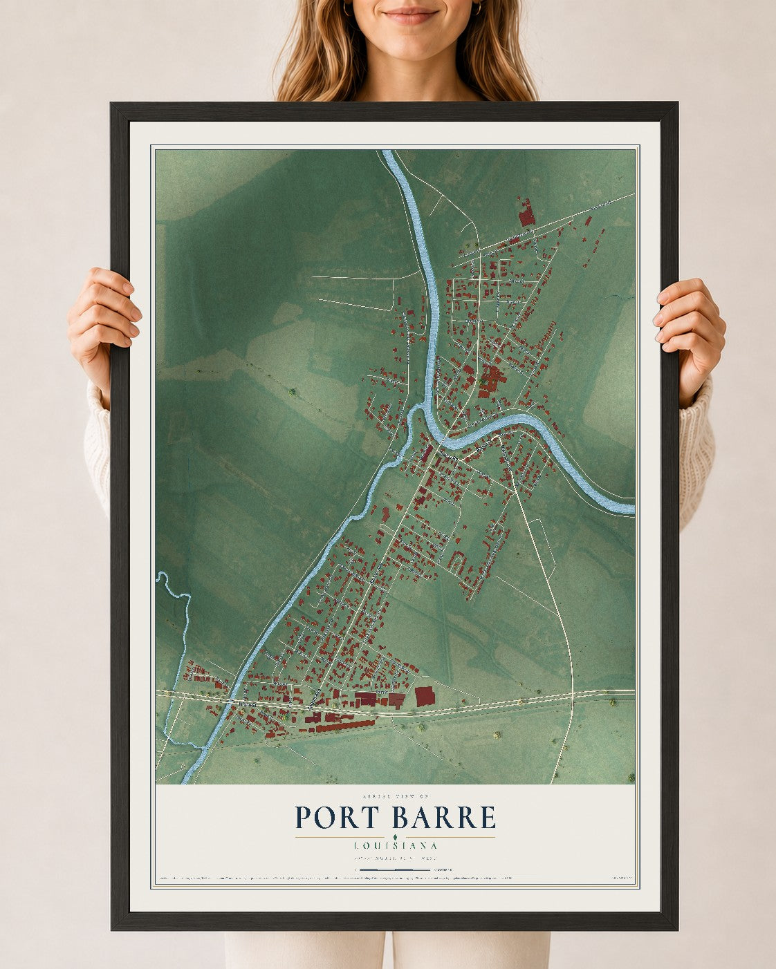 Map of Port Barre, Louisiana, 24 x 36 inch print in a black wood frame