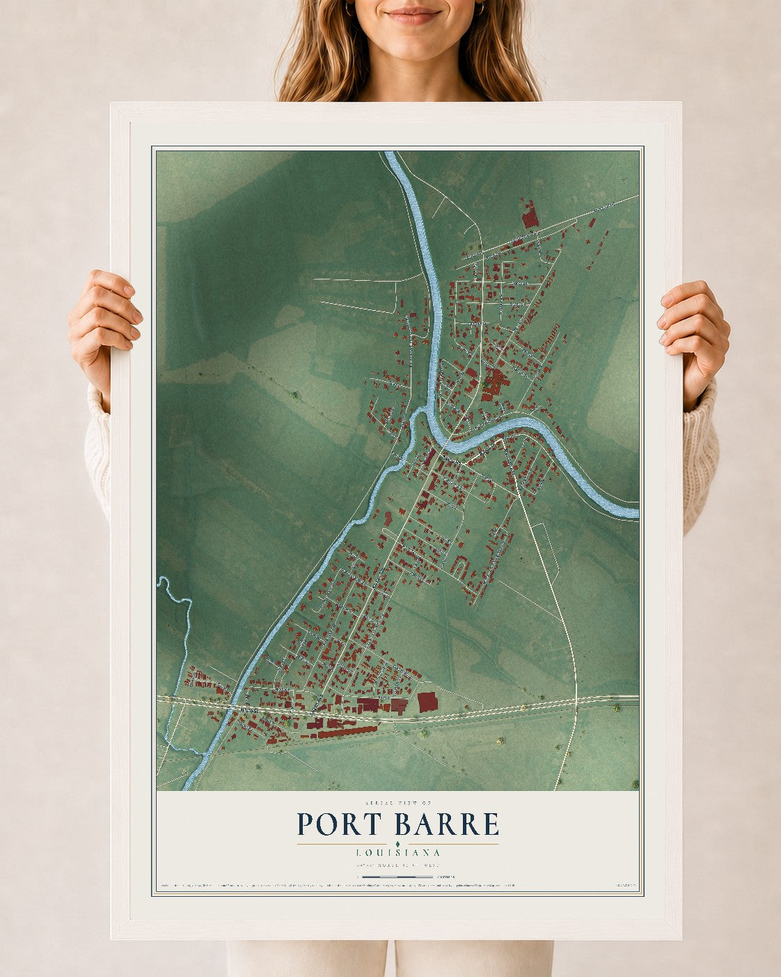 Map of Port Barre, Louisiana, 24 x 36 inch print in a white wood frame