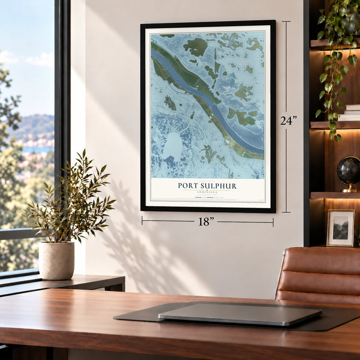 Port Sulphur, Louisiana map, 18 x 24 inch print in a black frame in a home office