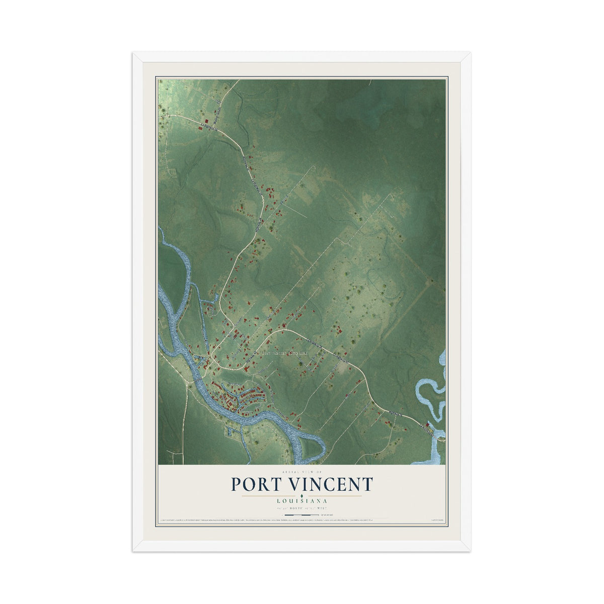 Map of Port Vincent, Louisiana, 12 x 18 inch print in a white wood frame