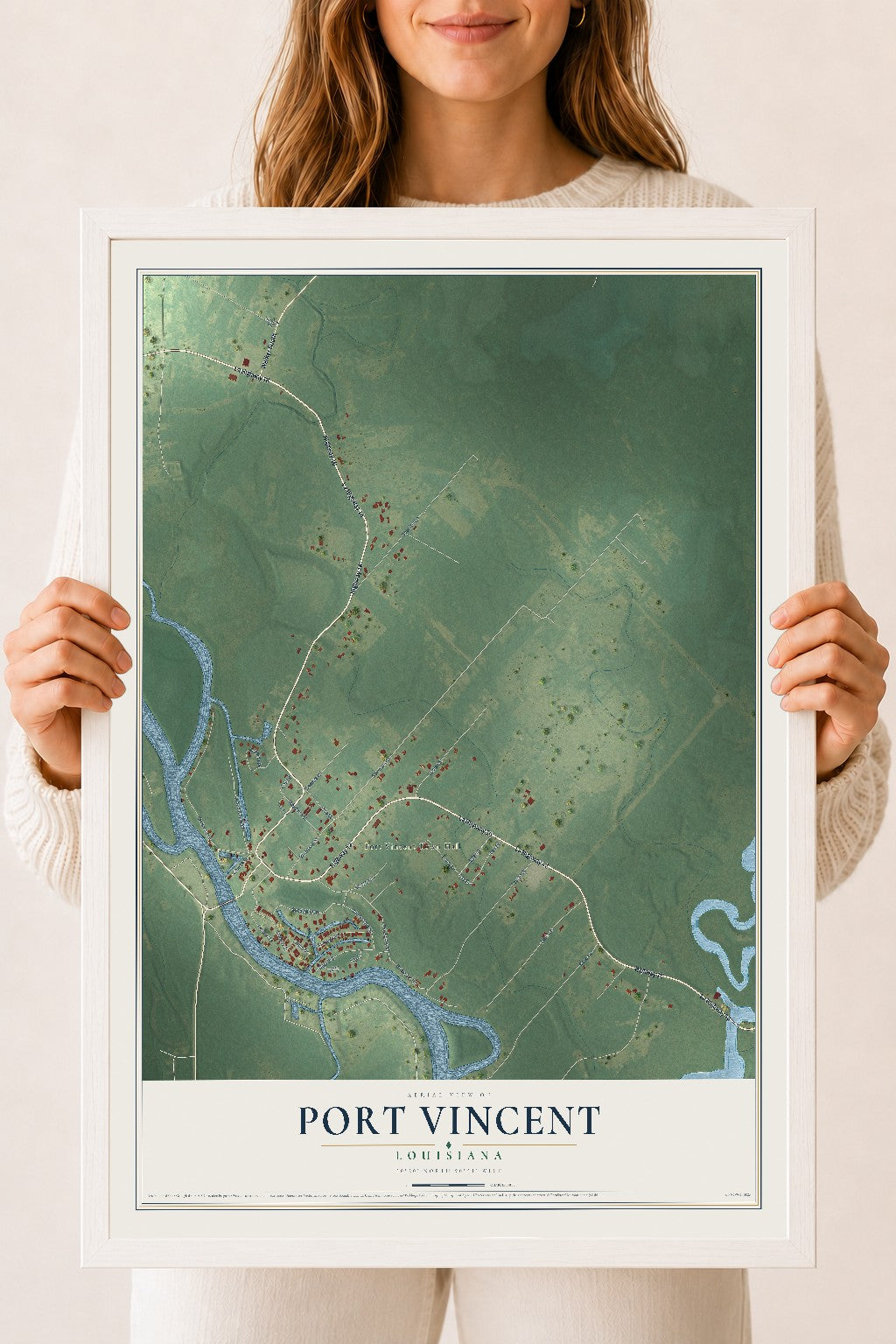 Map of Port Vincent, Louisiana, 18 x 24 inch print in a white wood frame