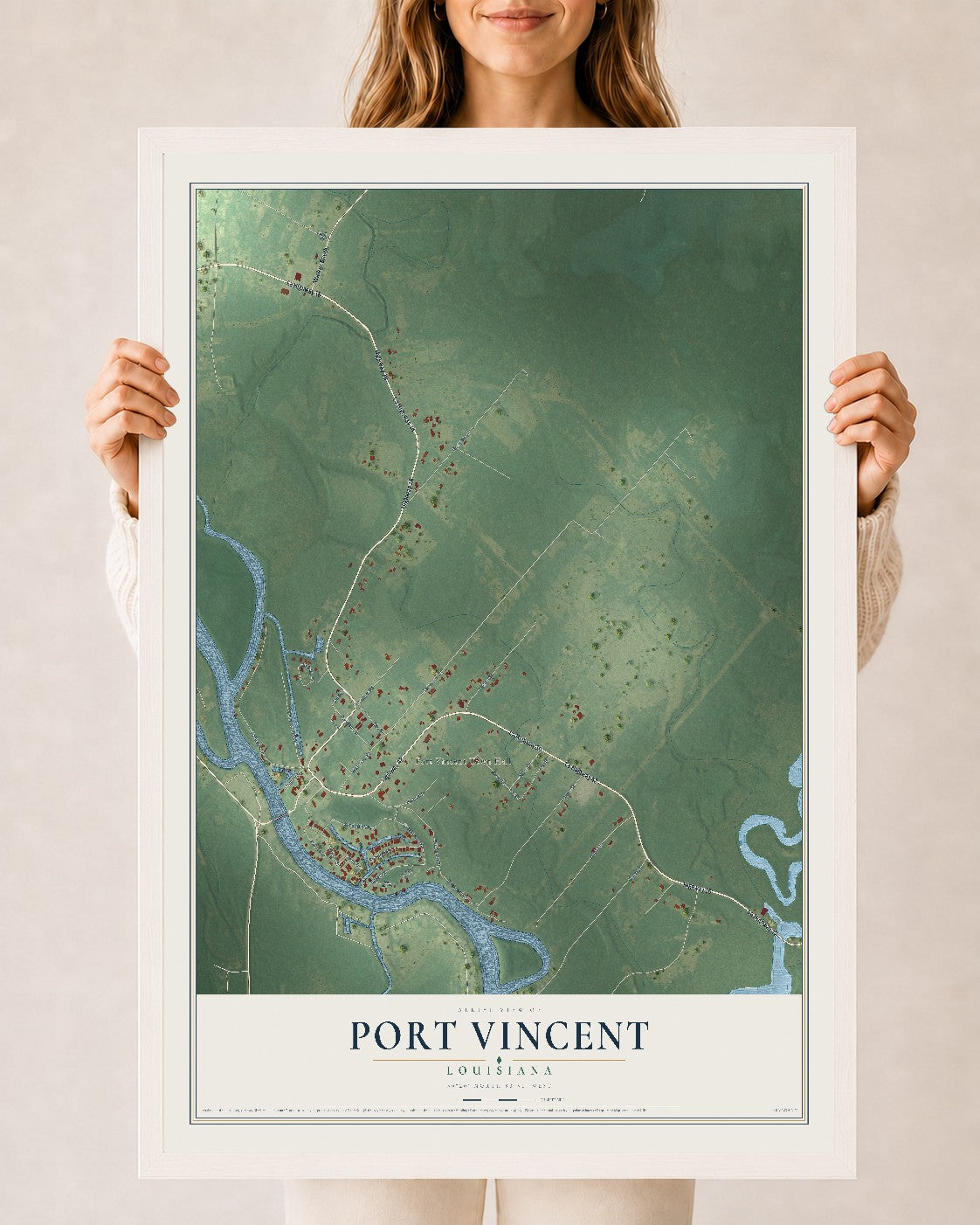 Map of Port Vincent, Louisiana, 24 x 36 inch print in a white wood frame