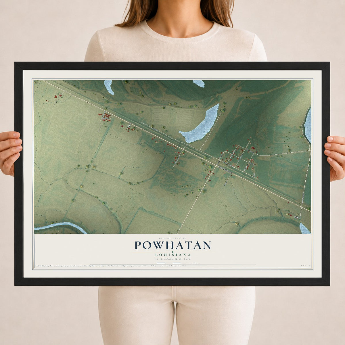 Map of Powhatan, Louisiana, 18 x 24 inch print in a black wood frame