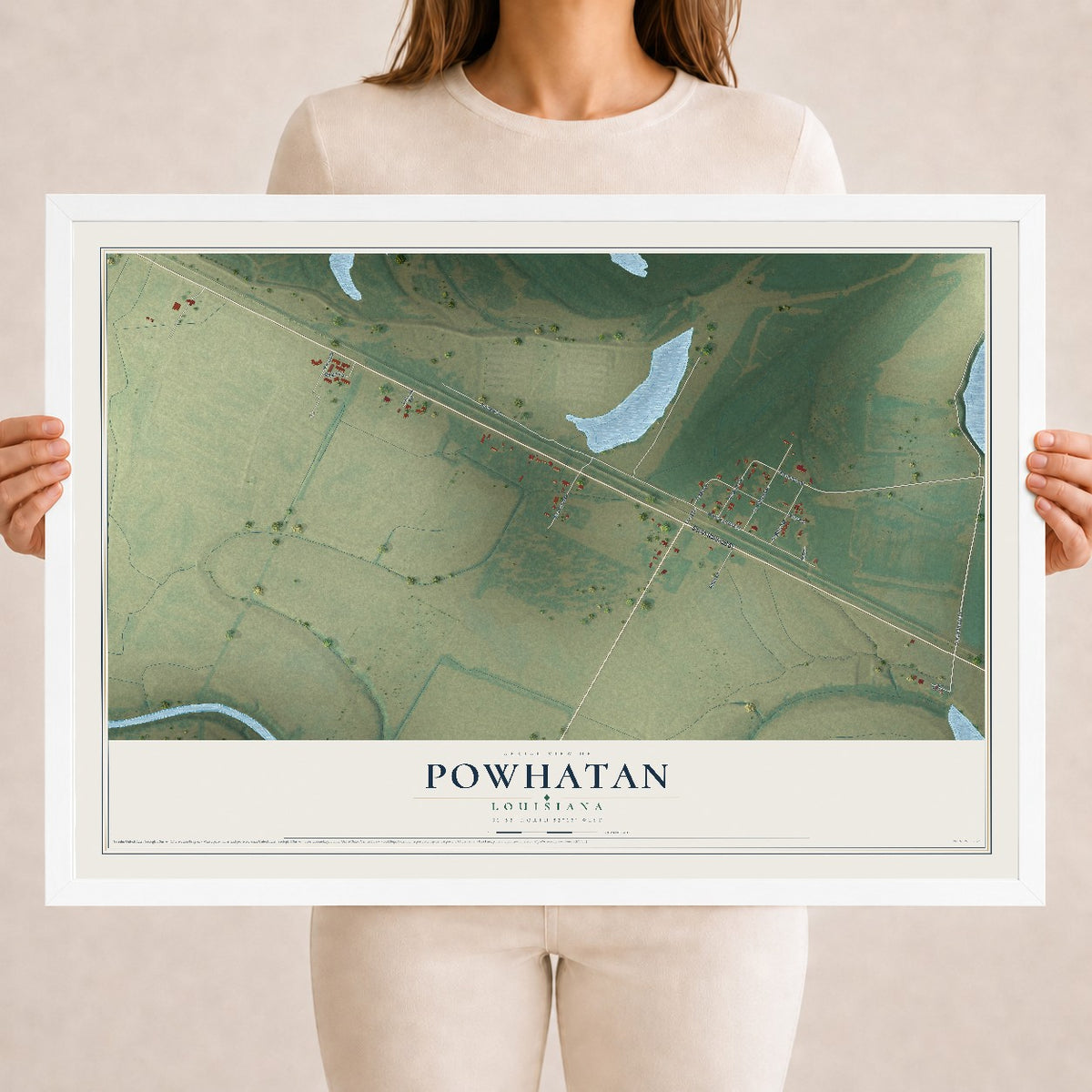 Map of Powhatan, Louisiana, 18 x 24 inch print in a white wood frame