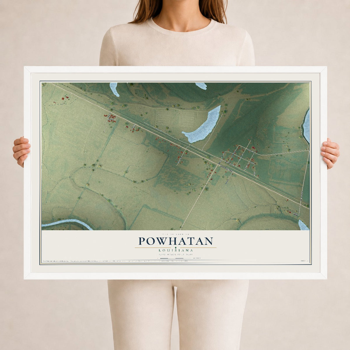 Map of Powhatan, Louisiana, 24 x 36 inch print in a white wood frame