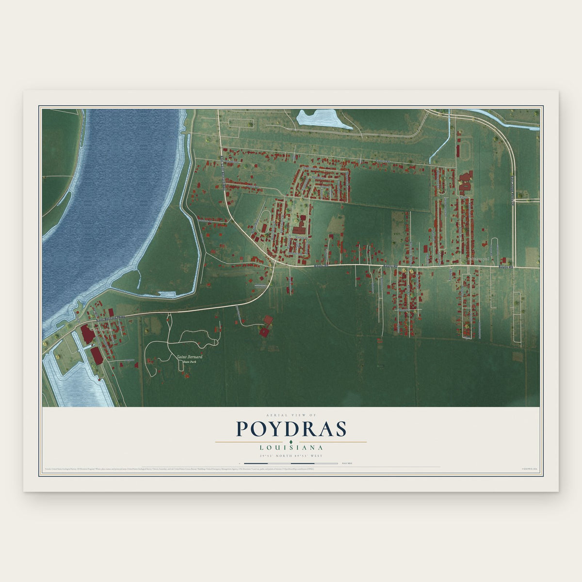 Poydras, Louisiana map print, the full design