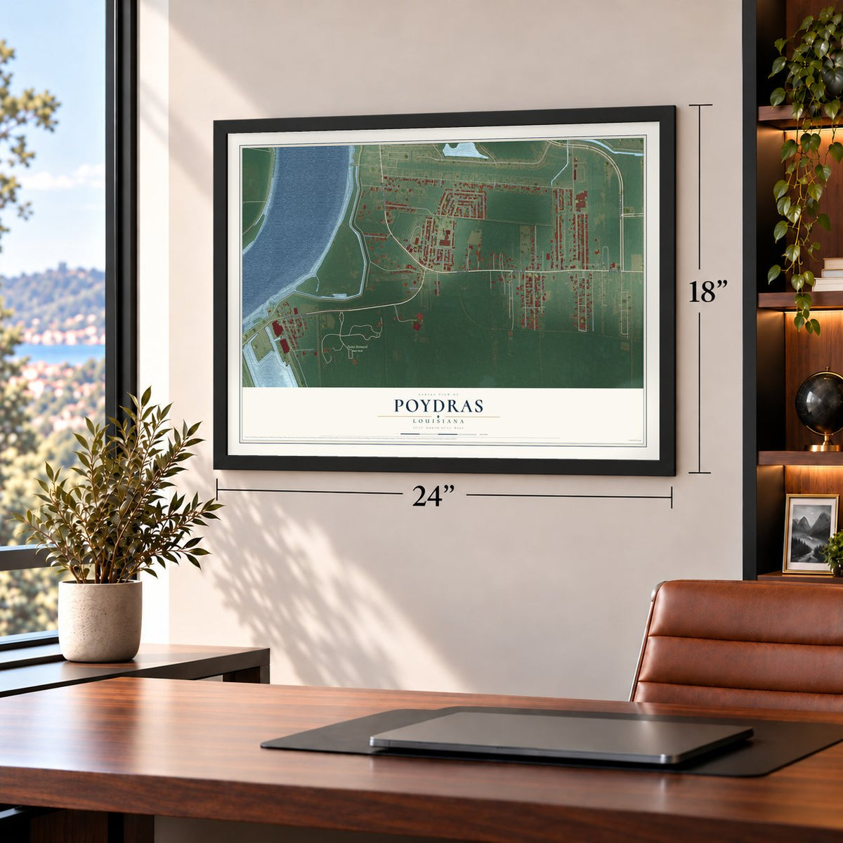 Poydras, Louisiana map, 18 x 24 inch print in a black frame in a home office