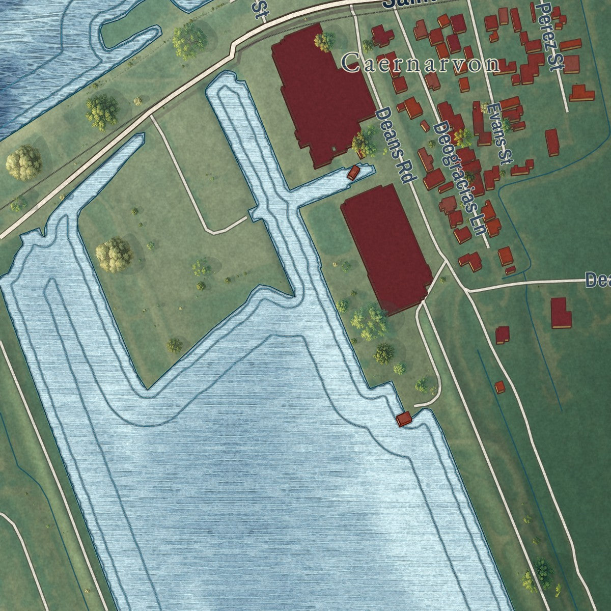 Close-up of the map of Poydras, Louisiana print showing street and building detail