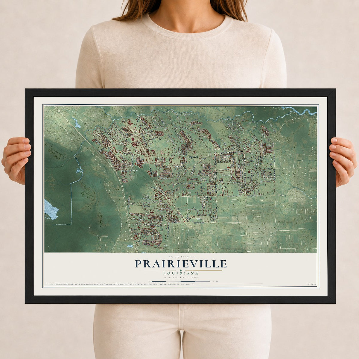 Map of Prairieville, Louisiana, 12 x 18 inch print in a black wood frame