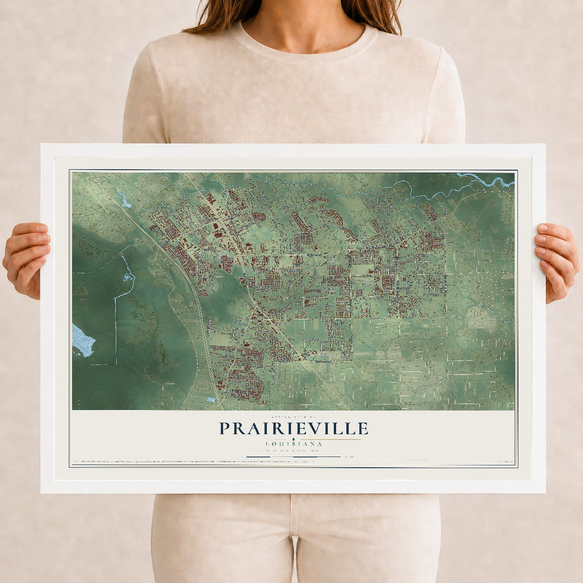 Map of Prairieville, Louisiana, 12 x 18 inch print in a white wood frame