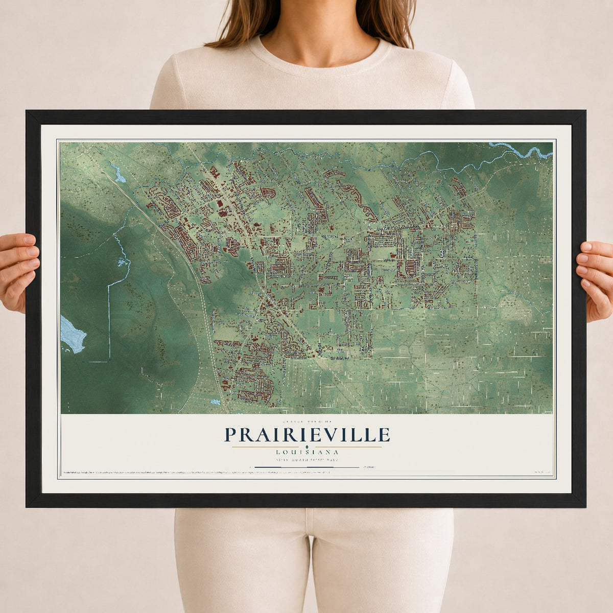 Map of Prairieville, Louisiana, 18 x 24 inch print in a black wood frame