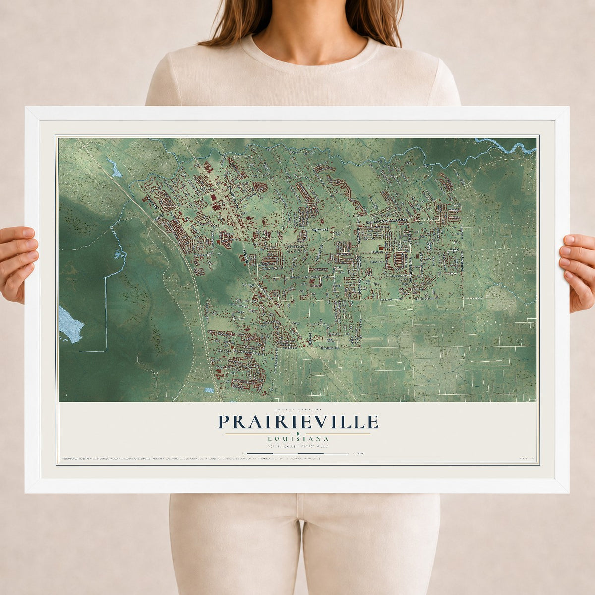 Map of Prairieville, Louisiana, 18 x 24 inch print in a white wood frame