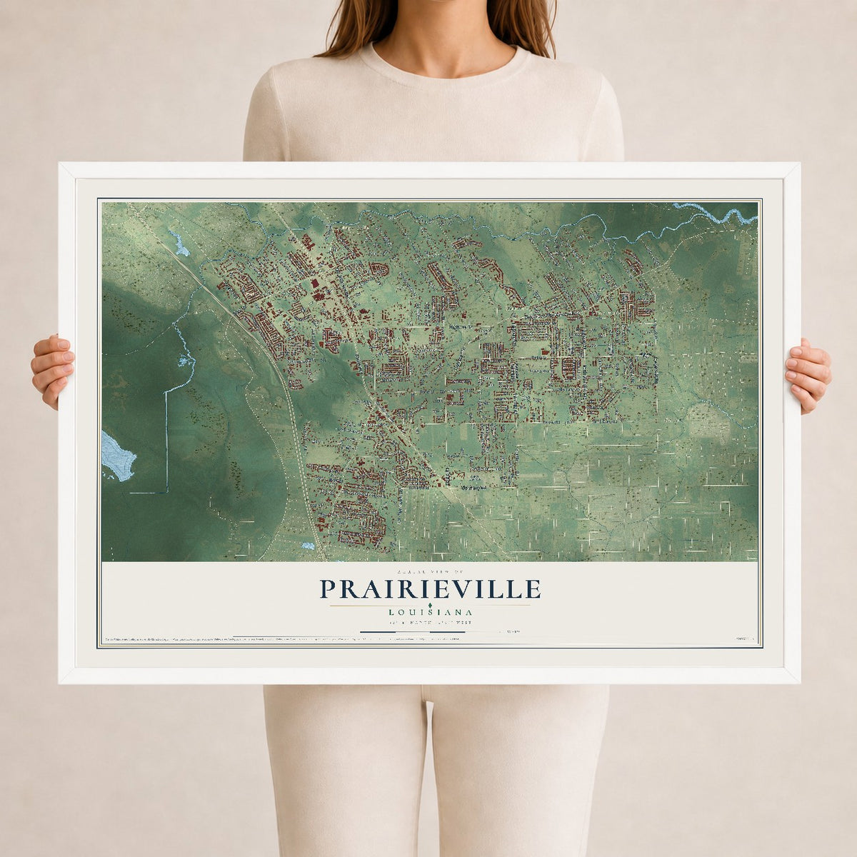 Map of Prairieville, Louisiana, 24 x 36 inch print in a white wood frame