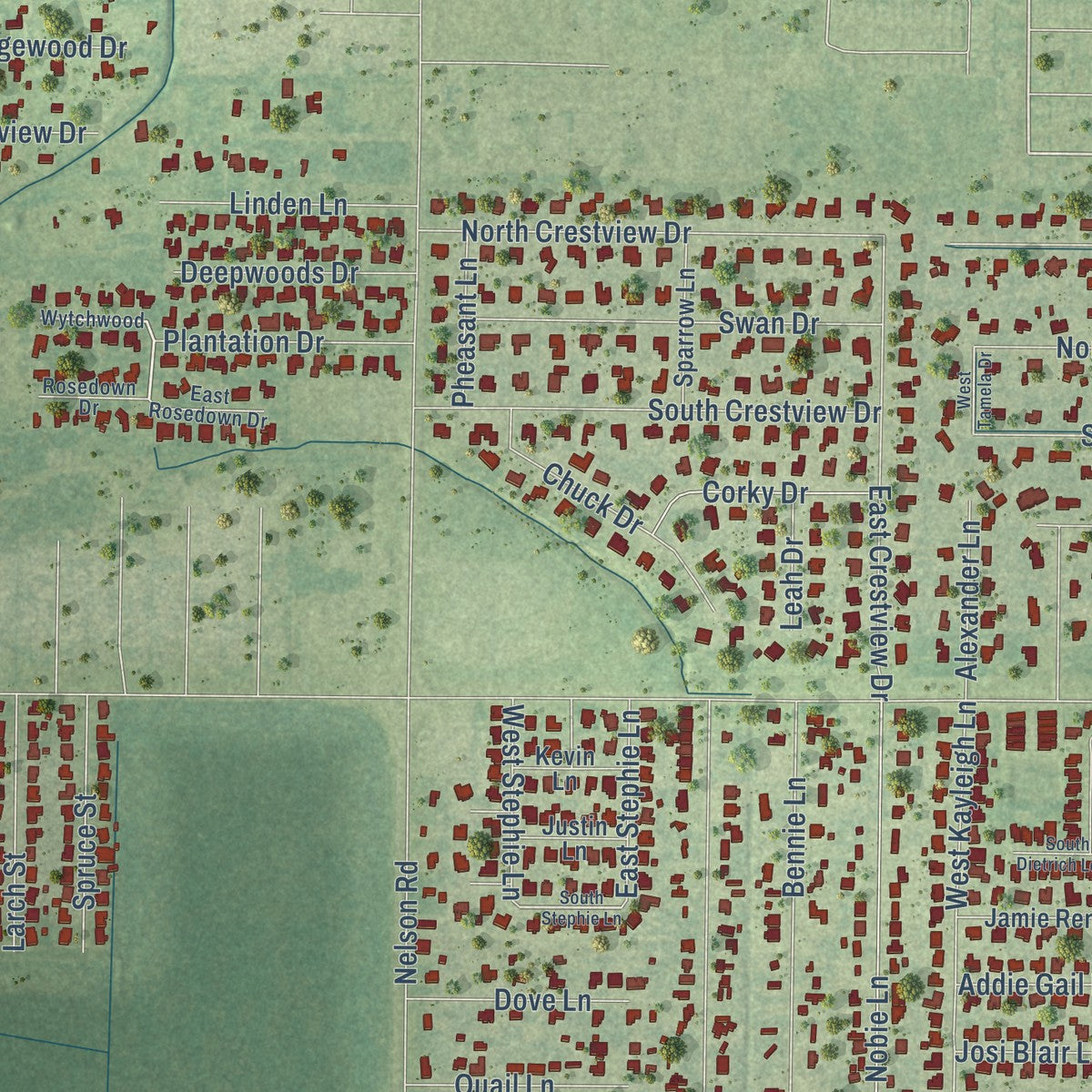 Close-up of the map of Prien, Louisiana print showing street and building detail