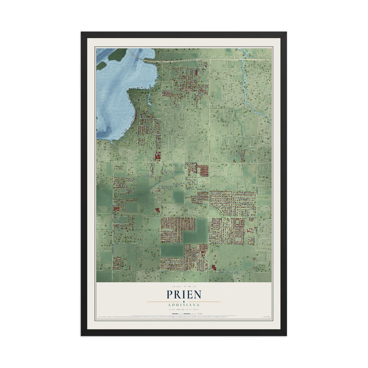 Map of Prien, Louisiana, 12 x 18 inch print in a black wood frame