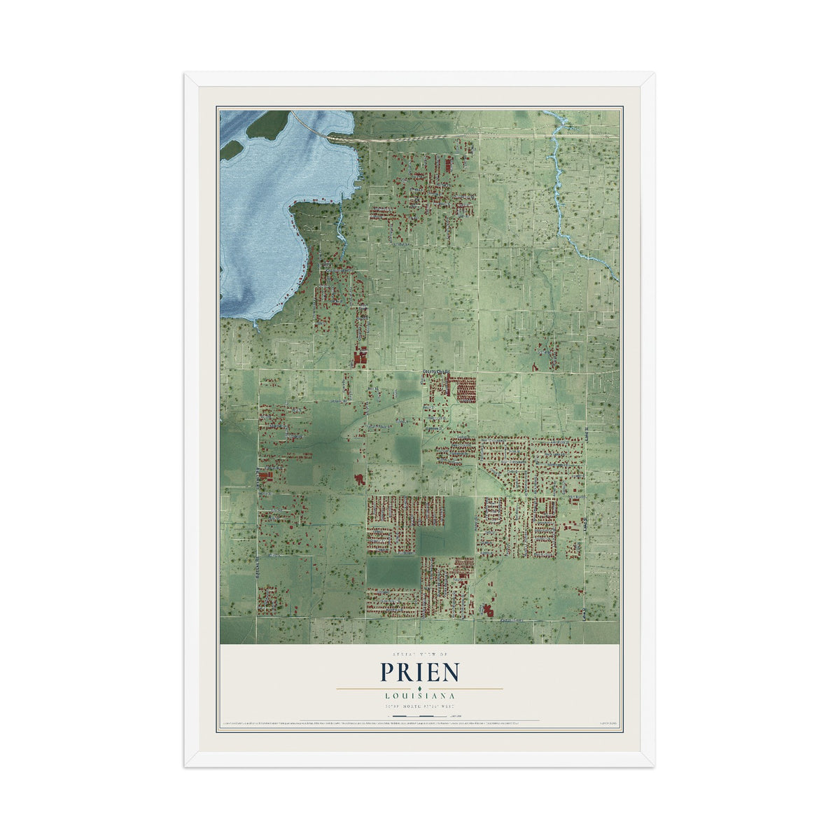 Map of Prien, Louisiana, 12 x 18 inch print in a white wood frame