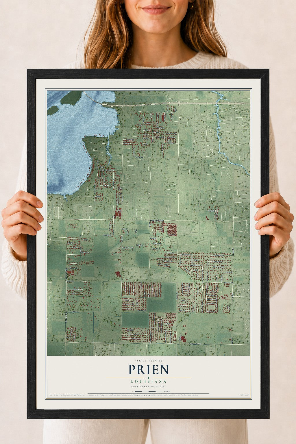 Map of Prien, Louisiana, 18 x 24 inch print in a black wood frame