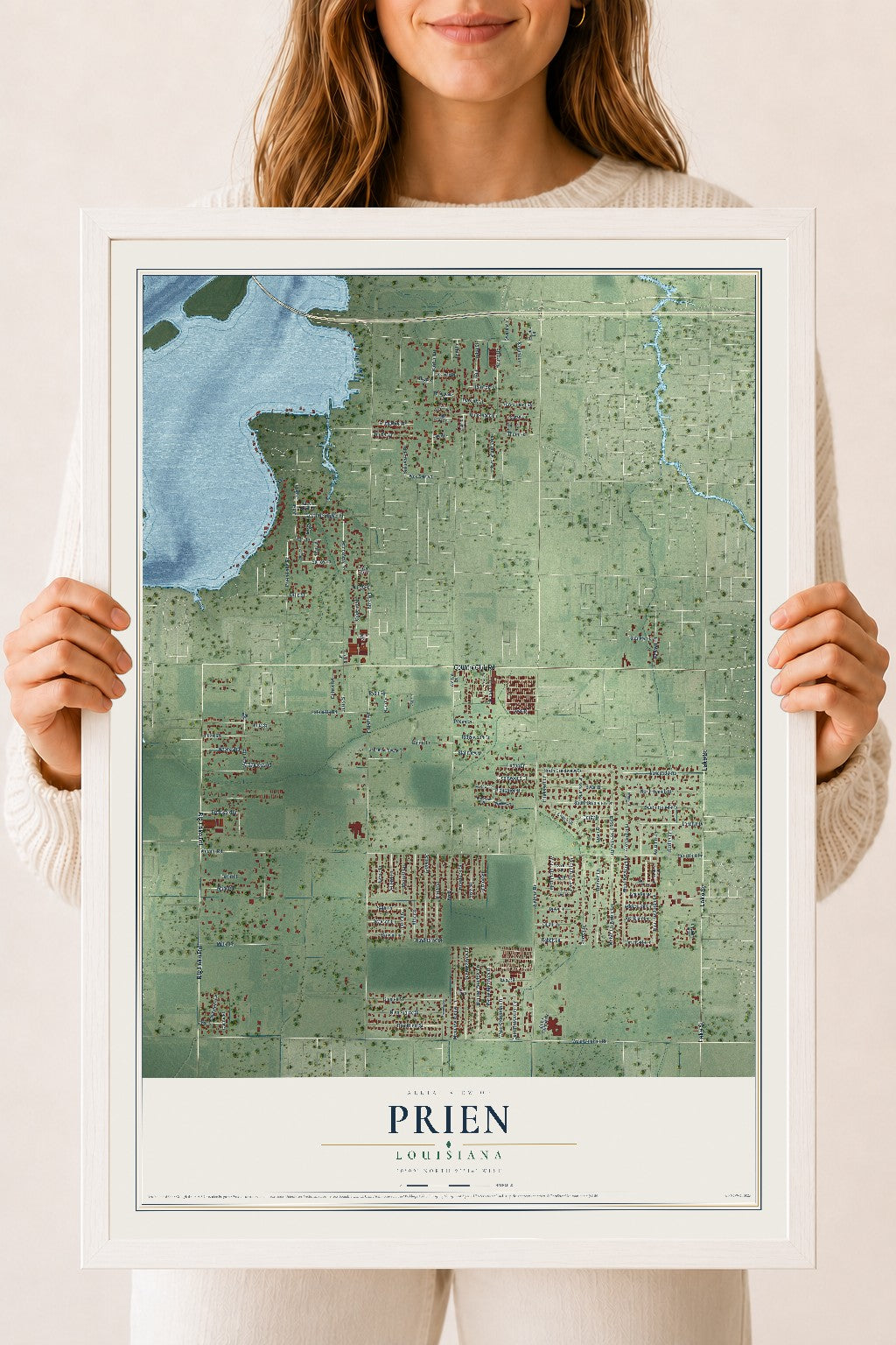 Map of Prien, Louisiana, 18 x 24 inch print in a white wood frame