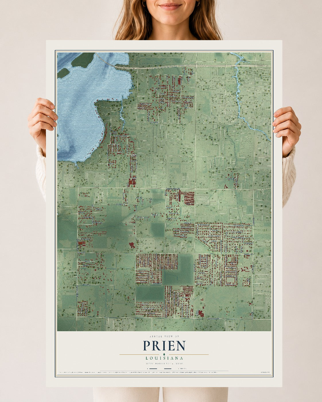 Map of Prien, Louisiana, 24 x 36 inch unframed archival matte print