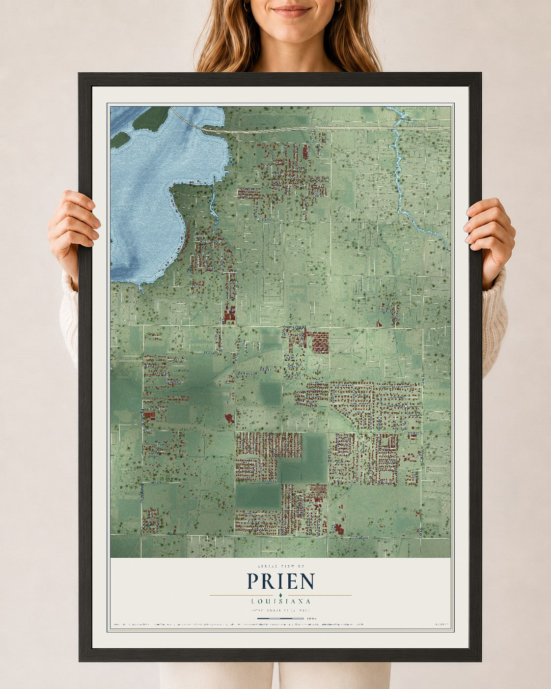 Map of Prien, Louisiana, 24 x 36 inch print in a black wood frame