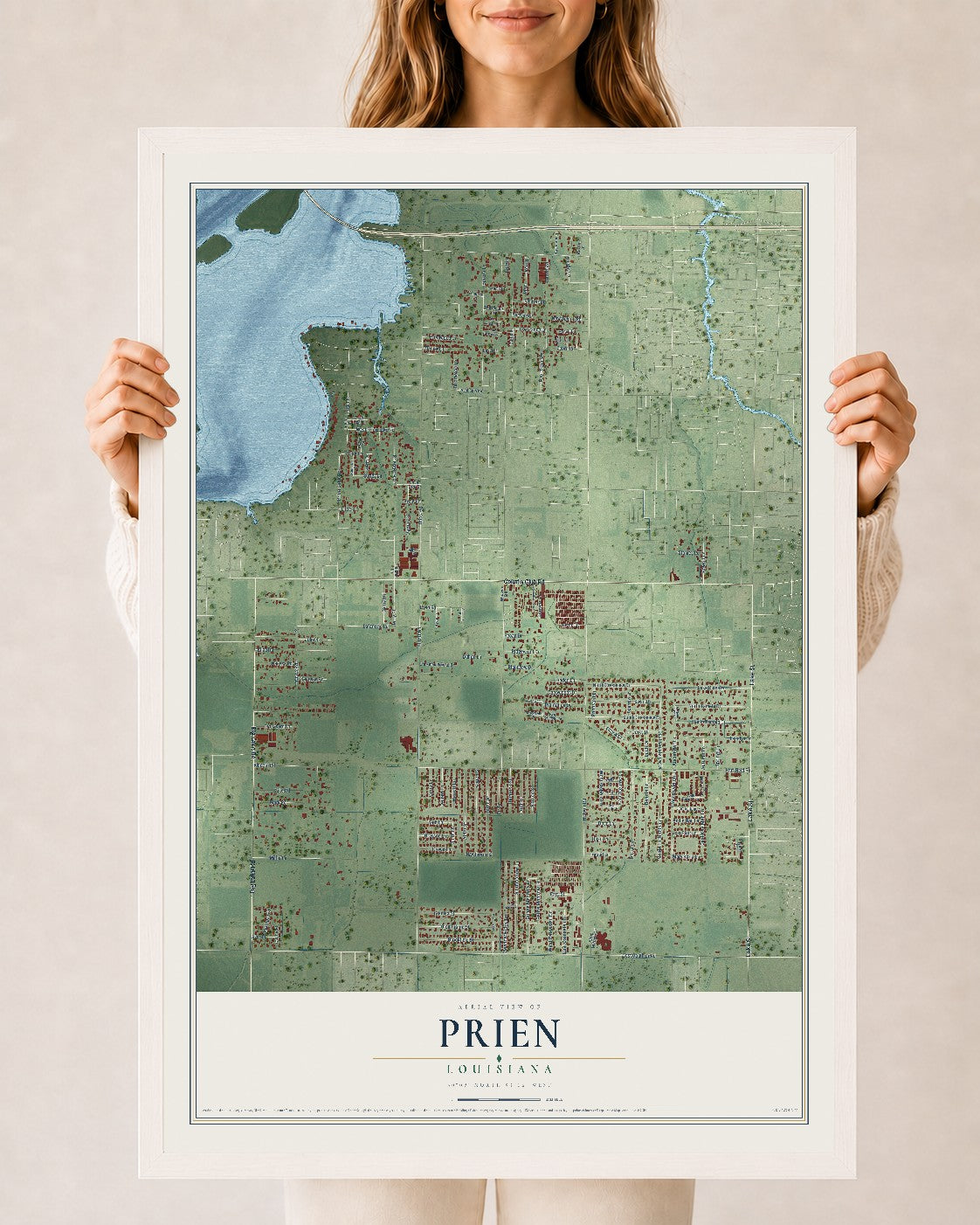 Map of Prien, Louisiana, 24 x 36 inch print in a white wood frame