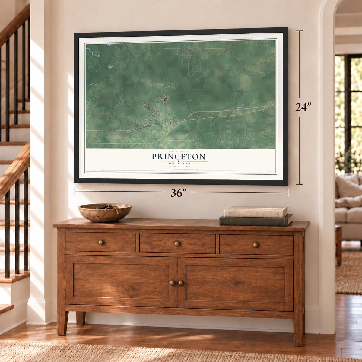 Princeton, Louisiana map, 24 x 36 inch print in a black frame above a dresser by a staircase