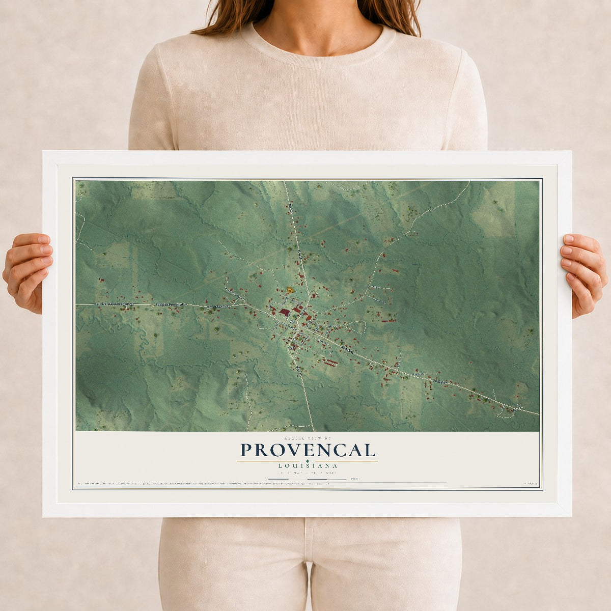Map of Provencal, Louisiana, 12 x 18 inch print in a white wood frame