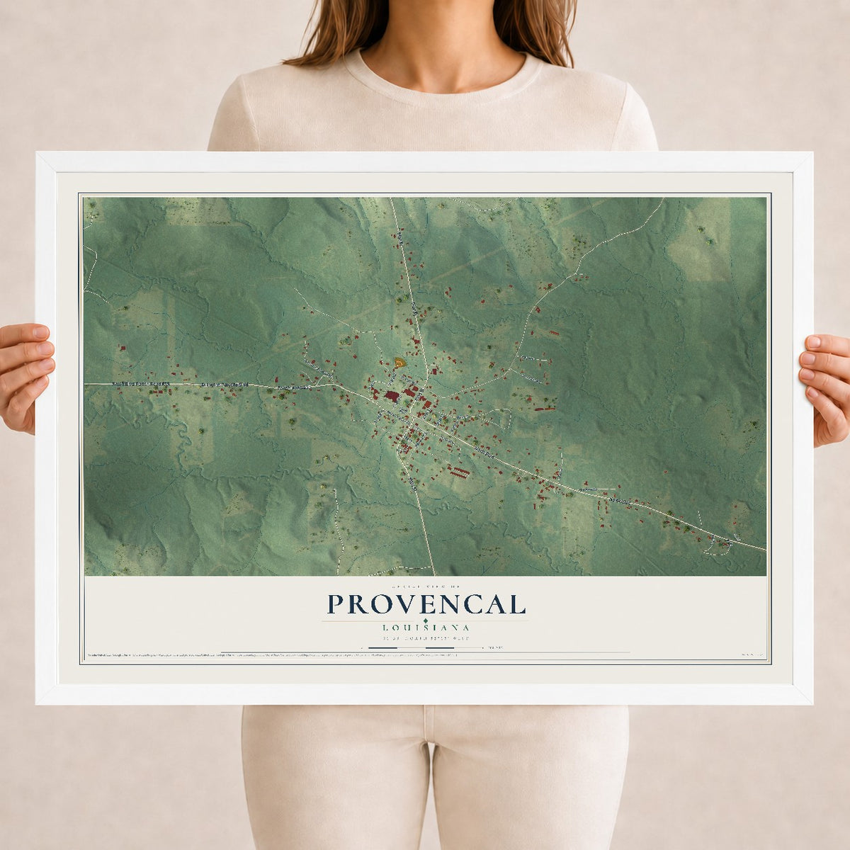Map of Provencal, Louisiana, 18 x 24 inch print in a white wood frame