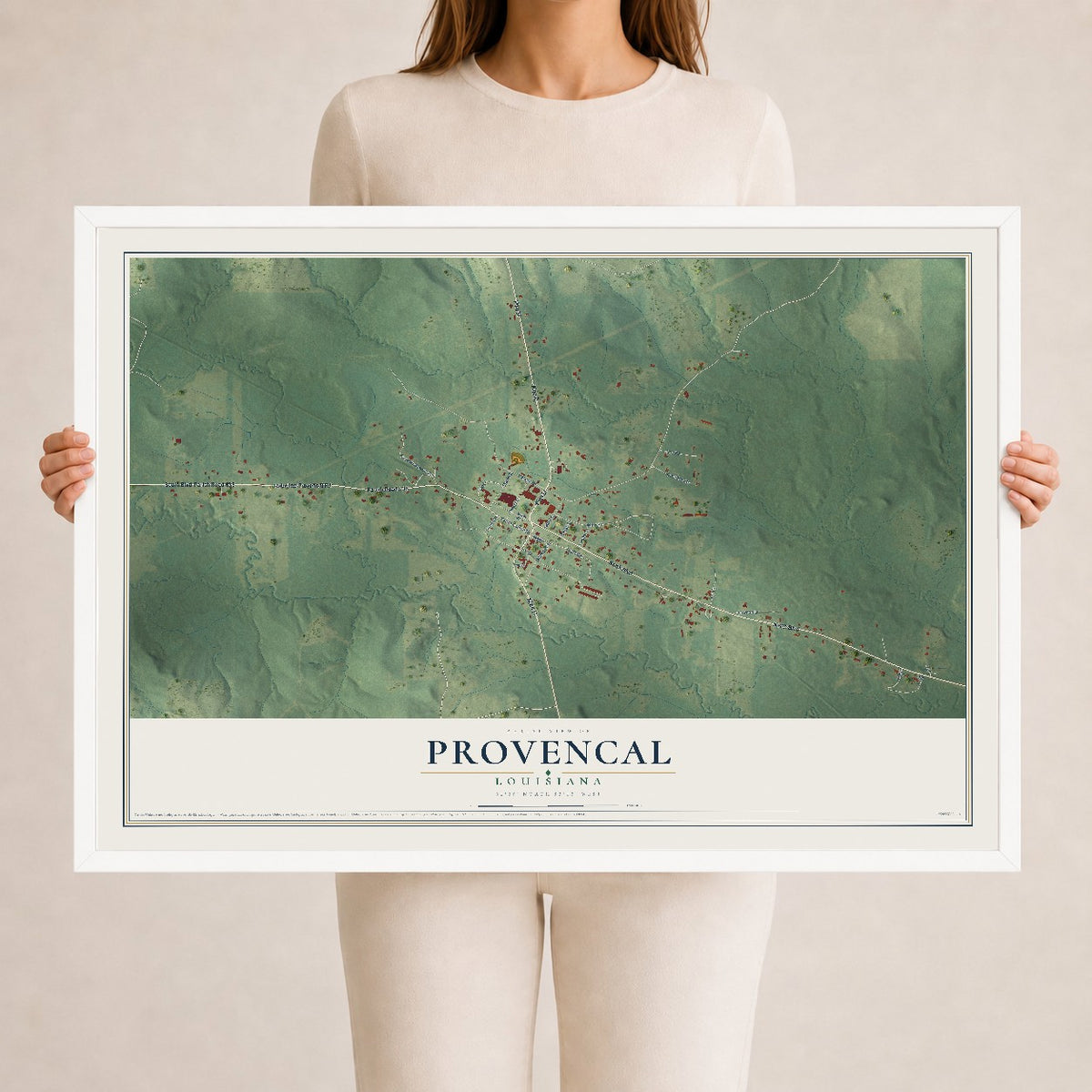 Map of Provencal, Louisiana, 24 x 36 inch print in a white wood frame