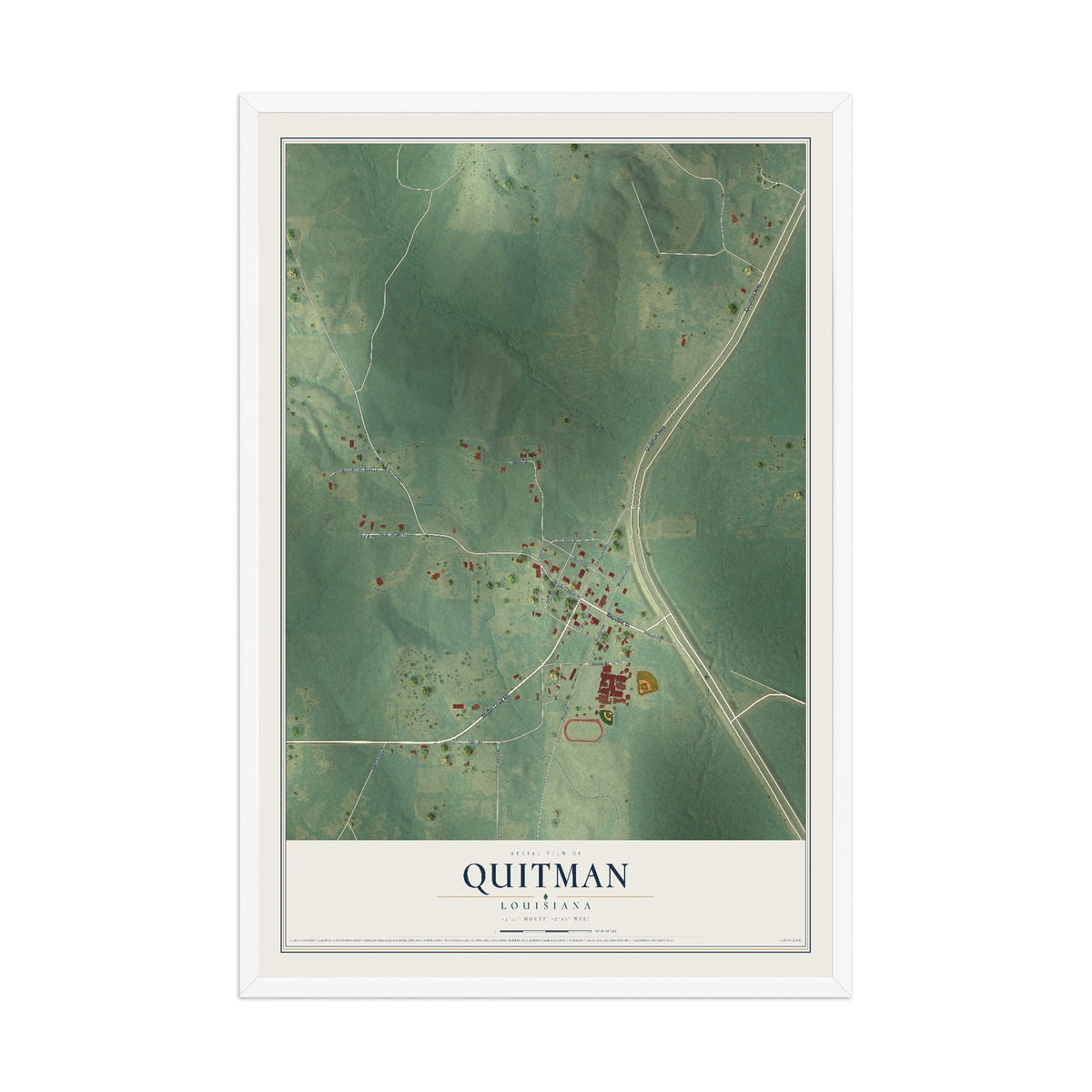Map of Quitman, Louisiana, 12 x 18 inch print in a white wood frame