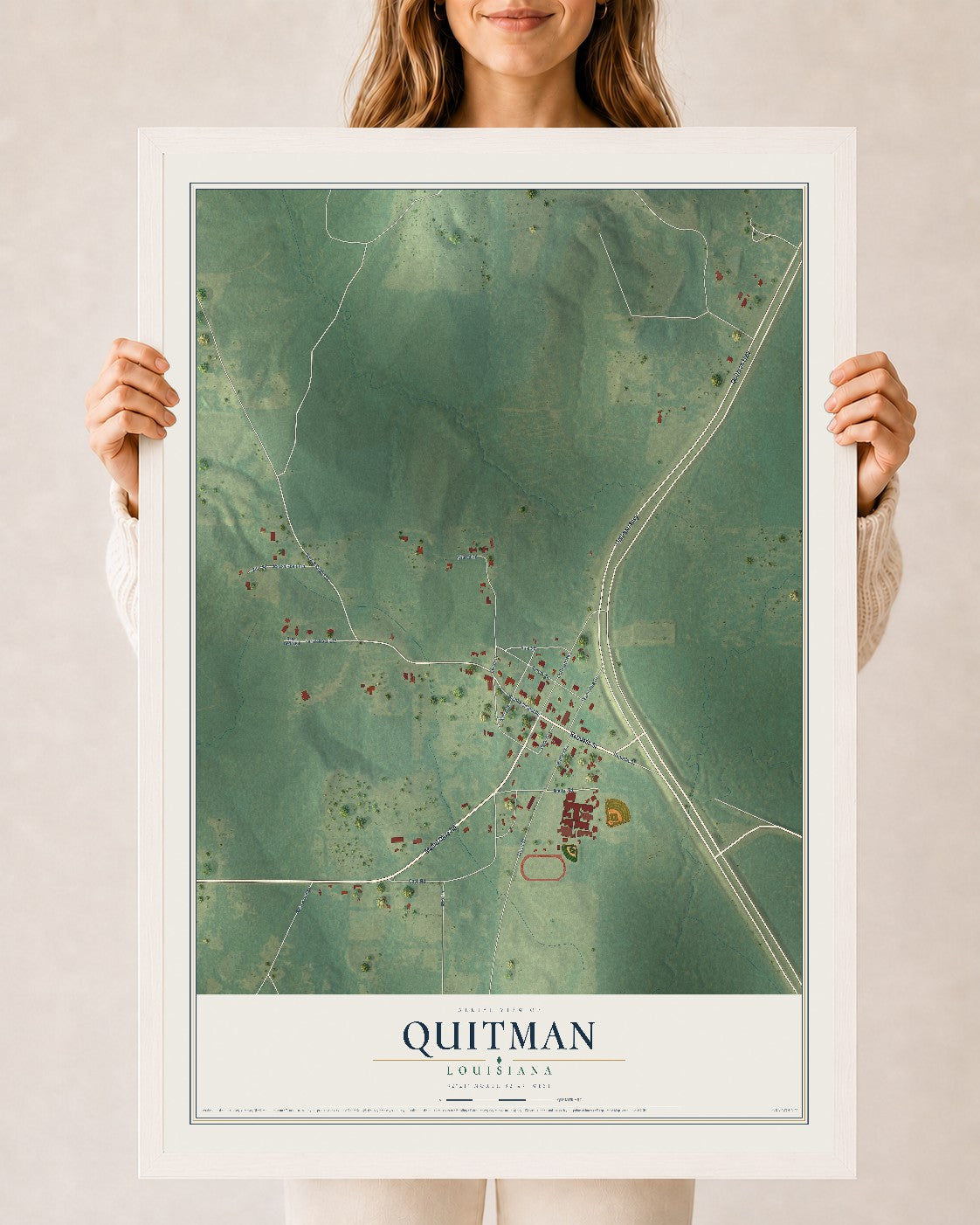 Map of Quitman, Louisiana, 24 x 36 inch print in a white wood frame