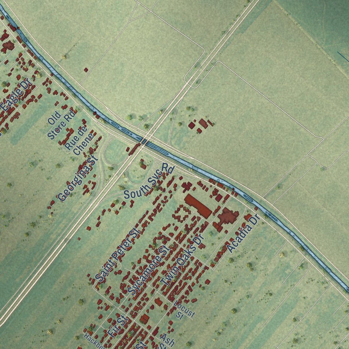 Second close-up of the map of Raceland, Louisiana print showing more streets and buildings