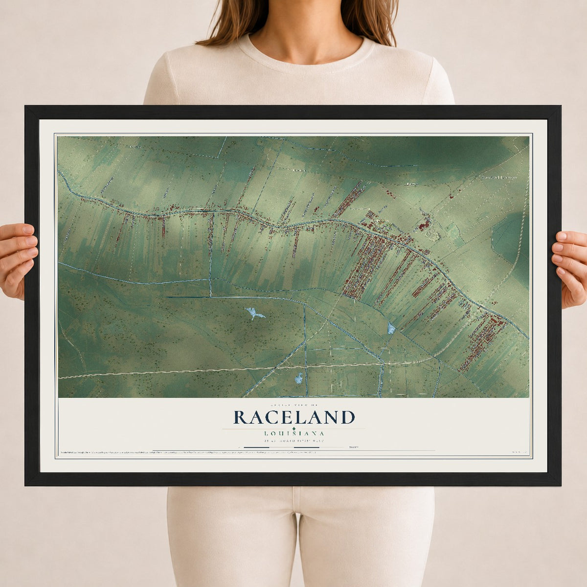 Map of Raceland, Louisiana, 18 x 24 inch print in a black wood frame