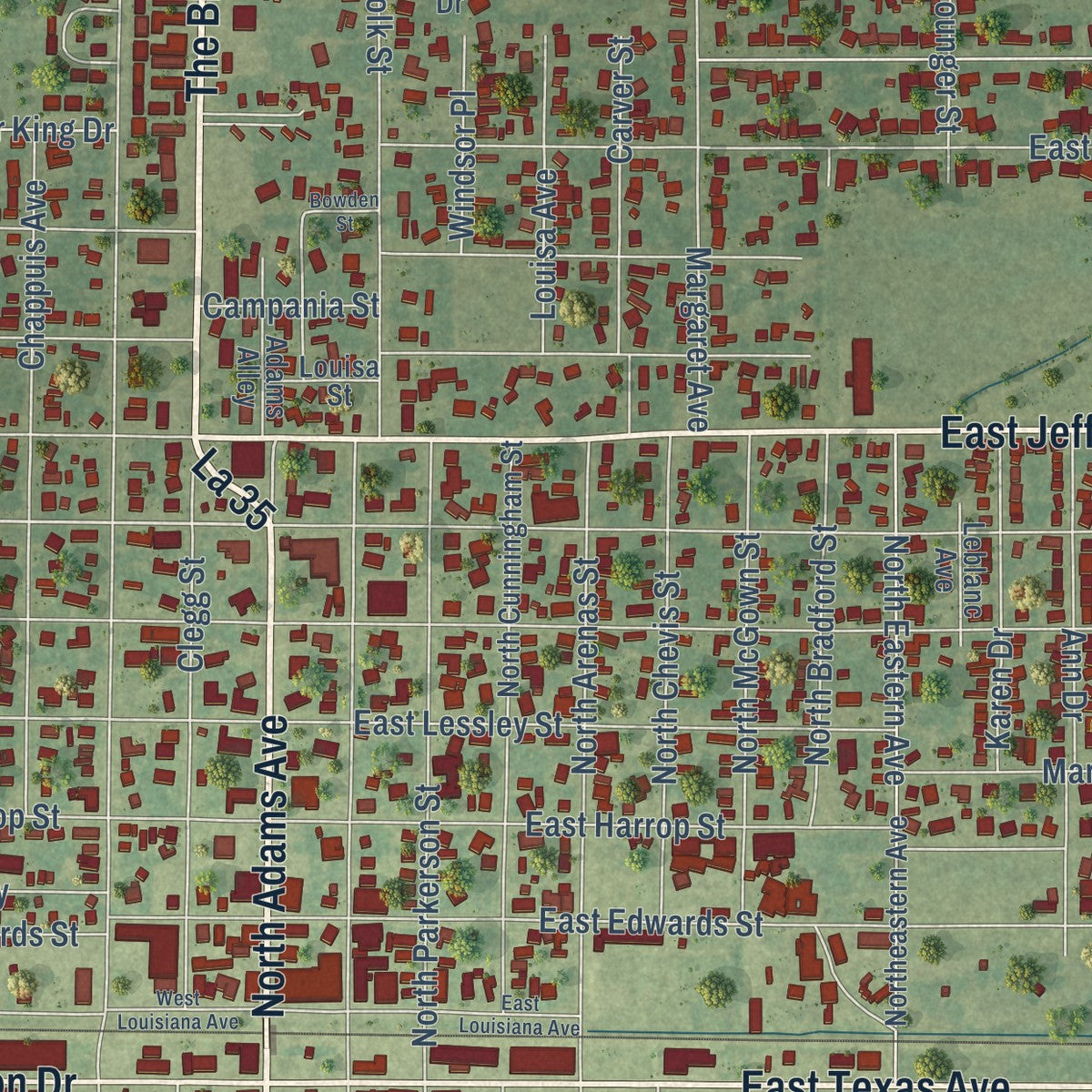 Close-up of the map of Rayne, Louisiana print showing street and building detail