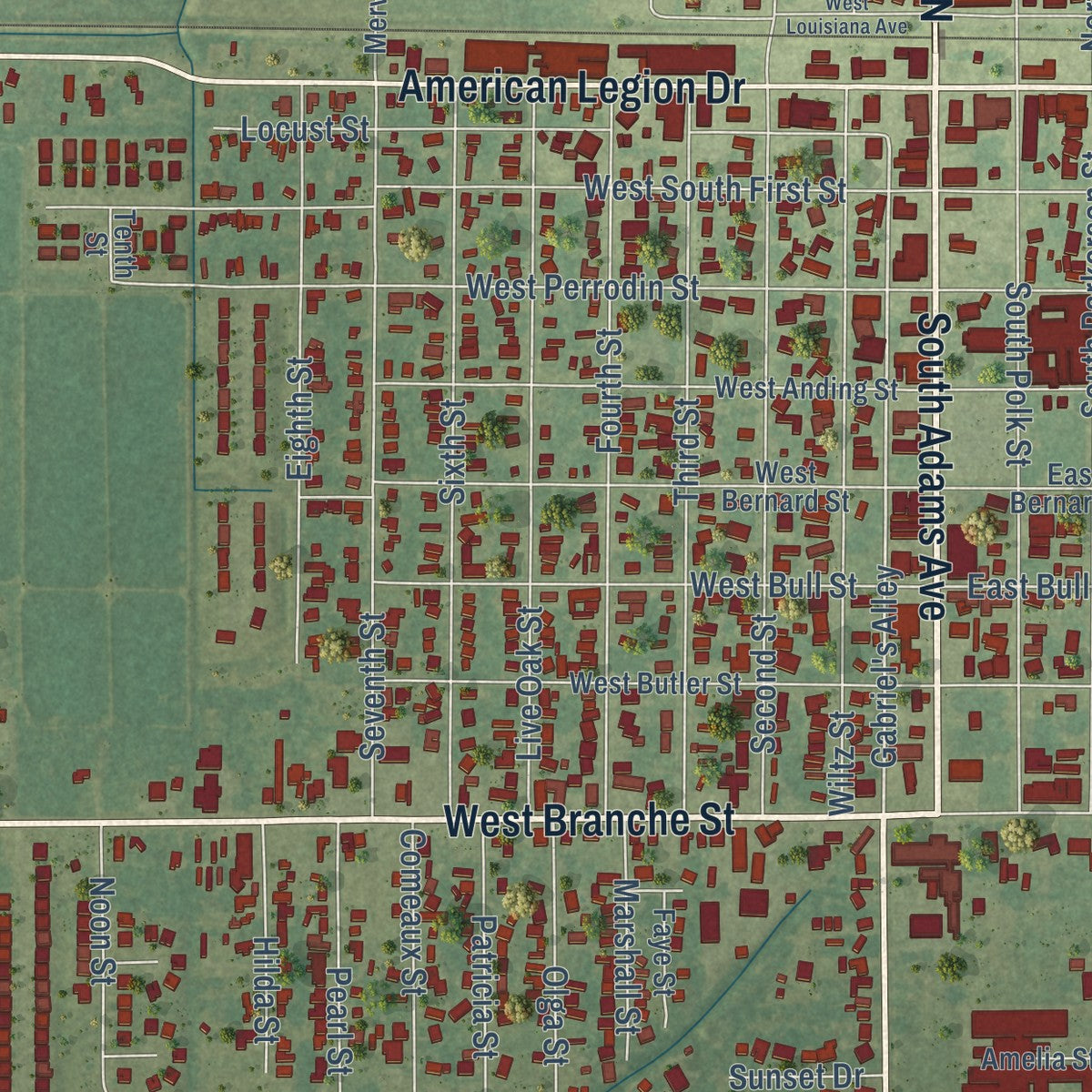 Second close-up of the map of Rayne, Louisiana print showing more streets and buildings