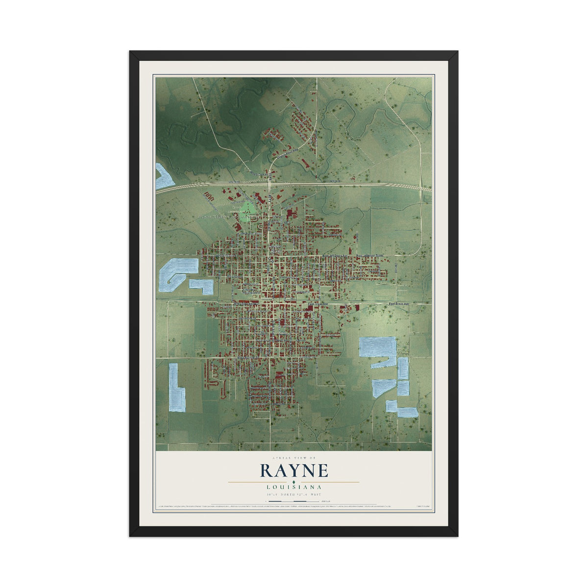 Map of Rayne, Louisiana, 12 x 18 inch print in a black wood frame