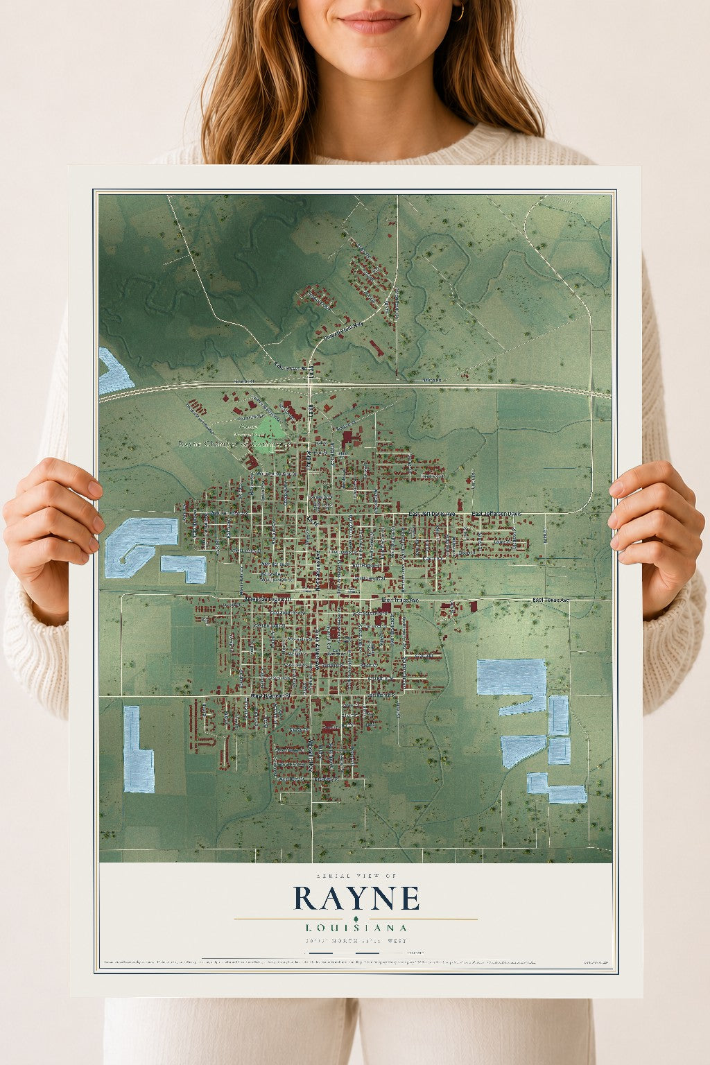 Map of Rayne, Louisiana, 18 x 24 inch unframed archival matte print