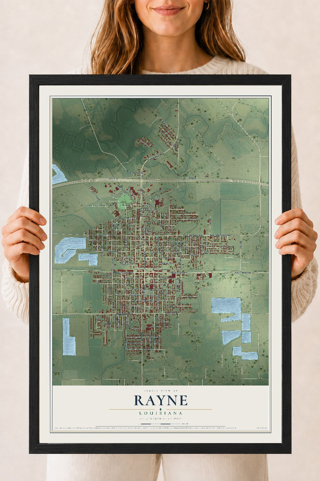 Map of Rayne, Louisiana, 18 x 24 inch print in a black wood frame