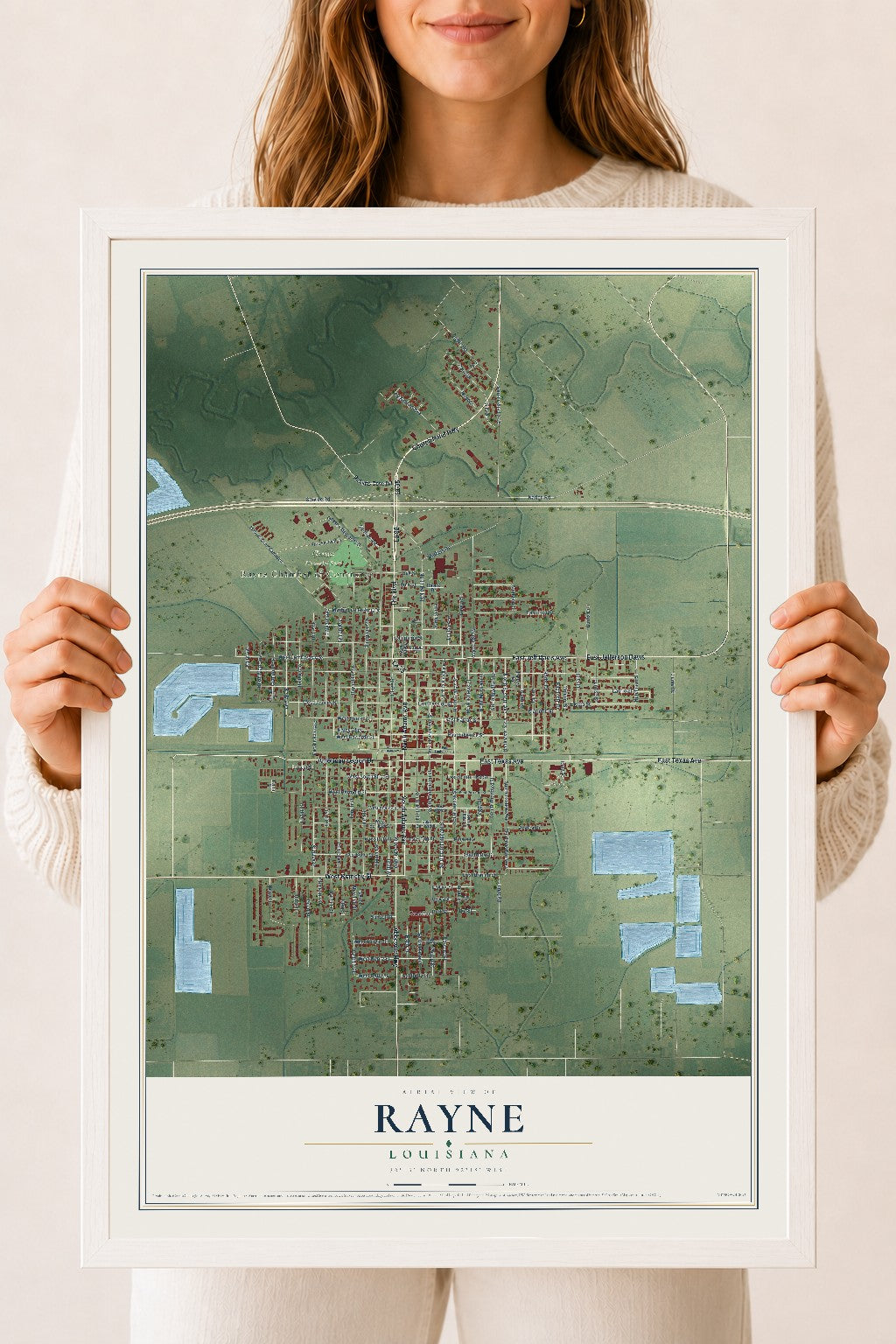 Map of Rayne, Louisiana, 18 x 24 inch print in a white wood frame