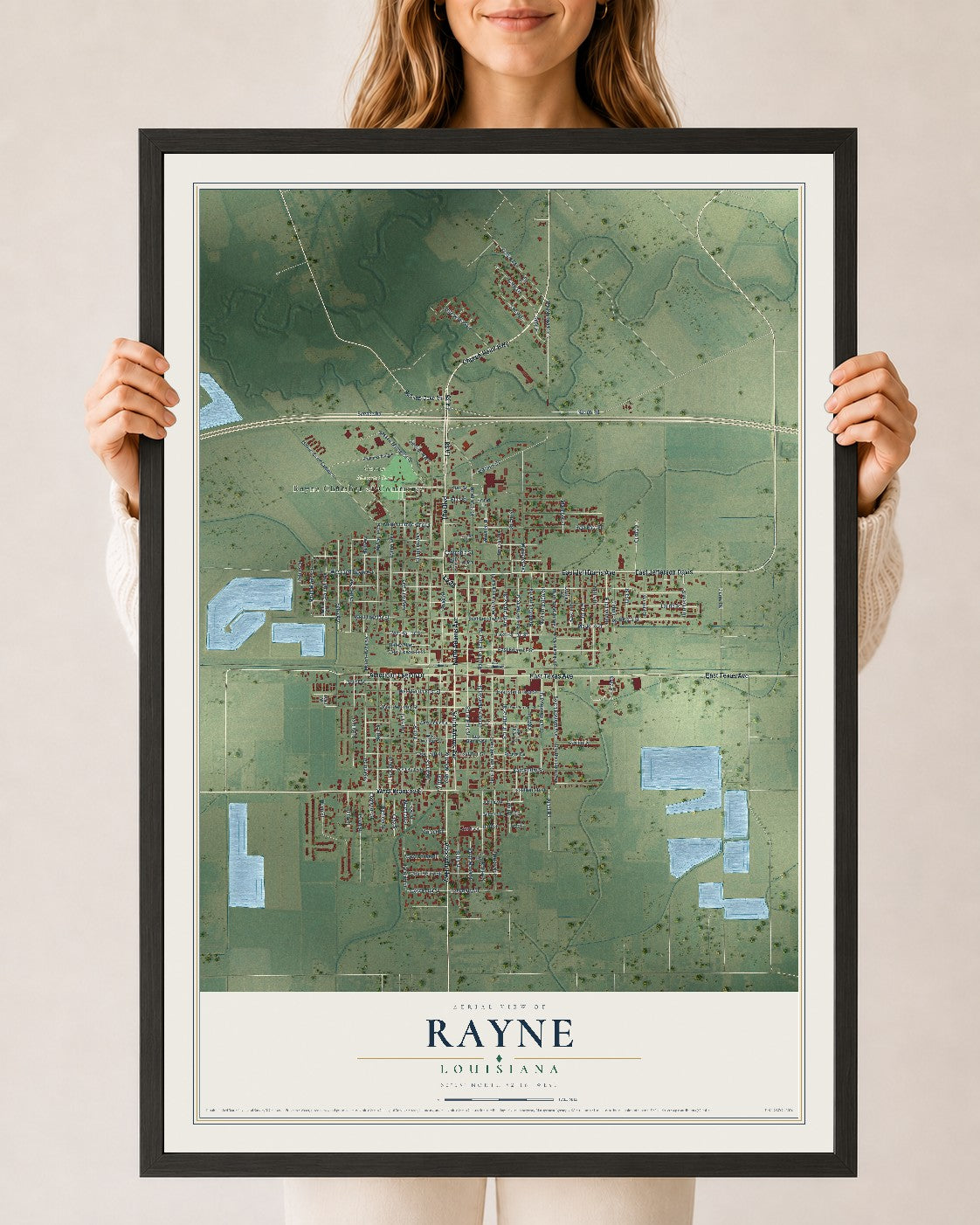 Map of Rayne, Louisiana, 24 x 36 inch print in a black wood frame