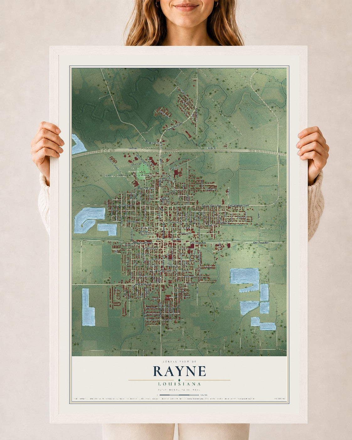 Map of Rayne, Louisiana, 24 x 36 inch print in a white wood frame