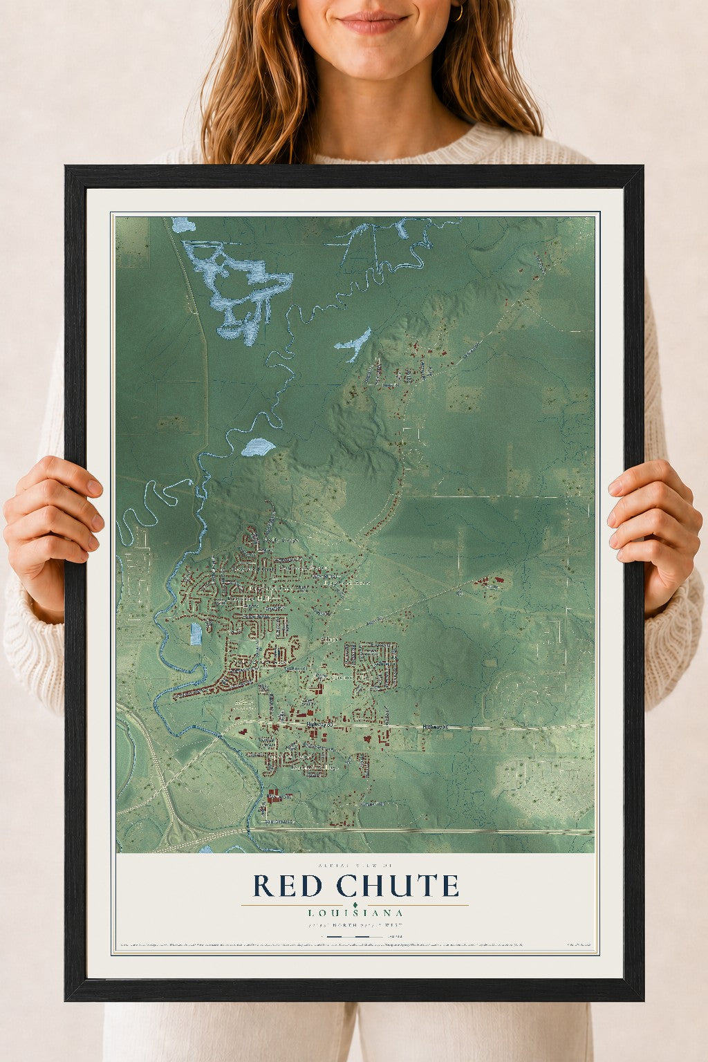 Map of Red Chute, Louisiana, 18 x 24 inch print in a black wood frame