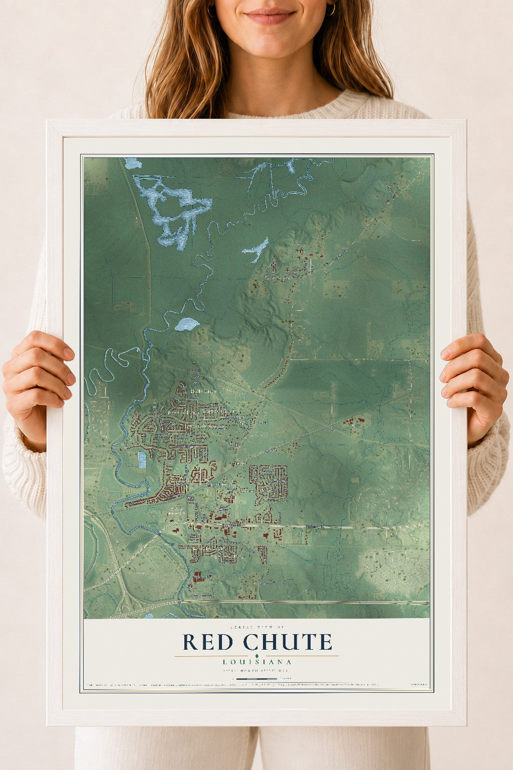 Map of Red Chute, Louisiana, 18 x 24 inch print in a white wood frame
