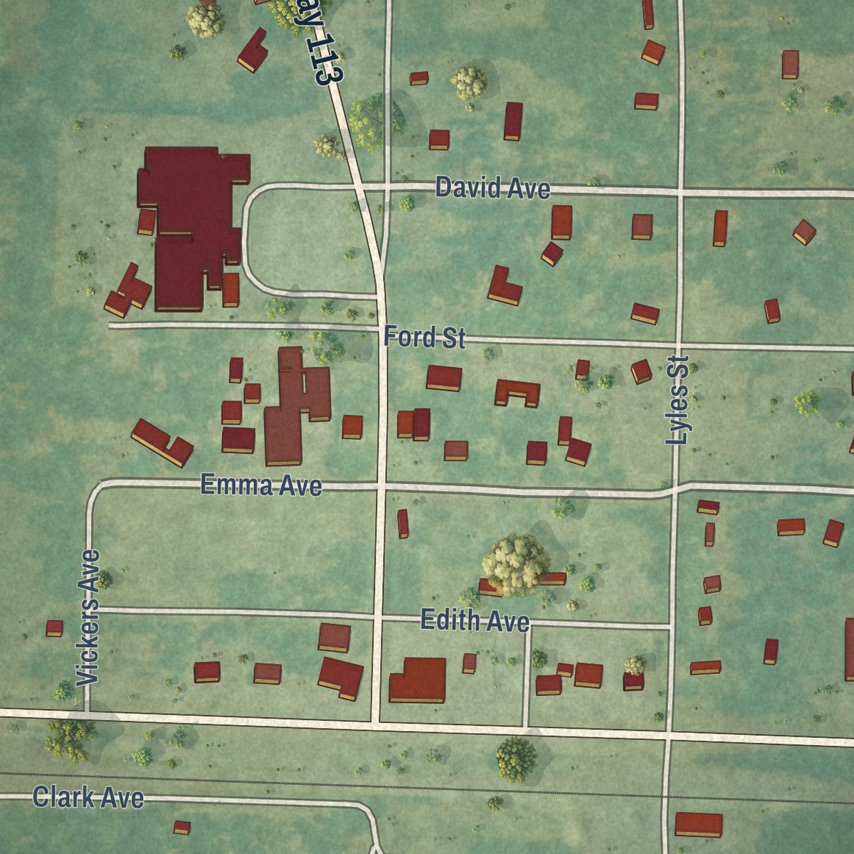 Close-up of the map of Reeves, Louisiana print showing street and building detail