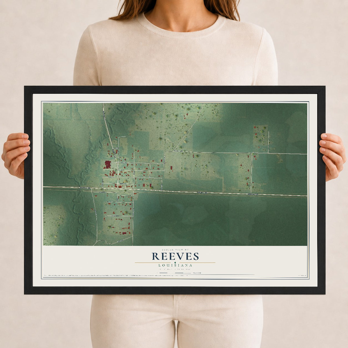 Map of Reeves, Louisiana, 12 x 18 inch print in a black wood frame